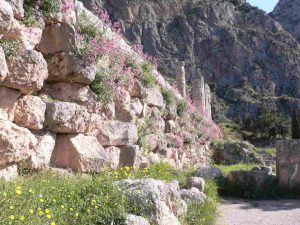 Ancient archaeological site of Delphi, featuring the ruins of the Temple of Apollo, surrounded by mountains and lush valleys in Greece.